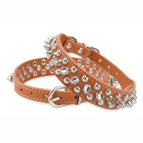 Spiked Studded Leather Dog Collar Rivets Pet Small Large Cat Pit Bull Adjustable (Color: brown, size: L)